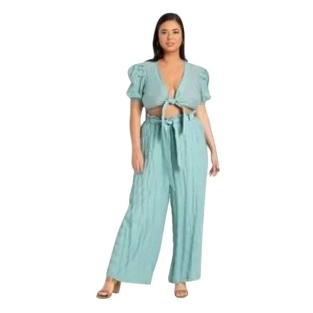 NWT Eloquii 2 Pcs Set Cropped Tie Front Wide‎ Leg Pants Coachella Green Women 20